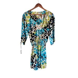 Cache Geometric Beaded Blouson Dress Womens XS Blue 3/4 Slit Sleeve Boho